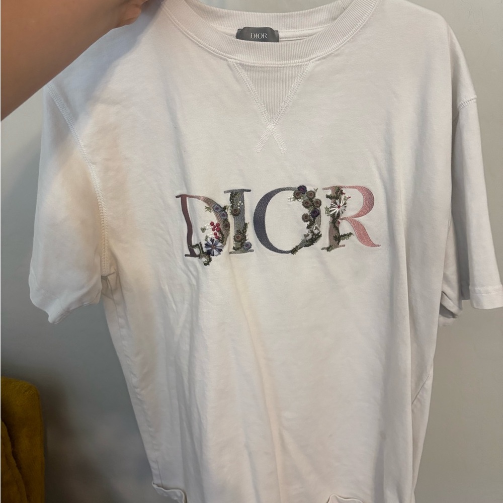 Dior White Tee with Floral Embellished Logo